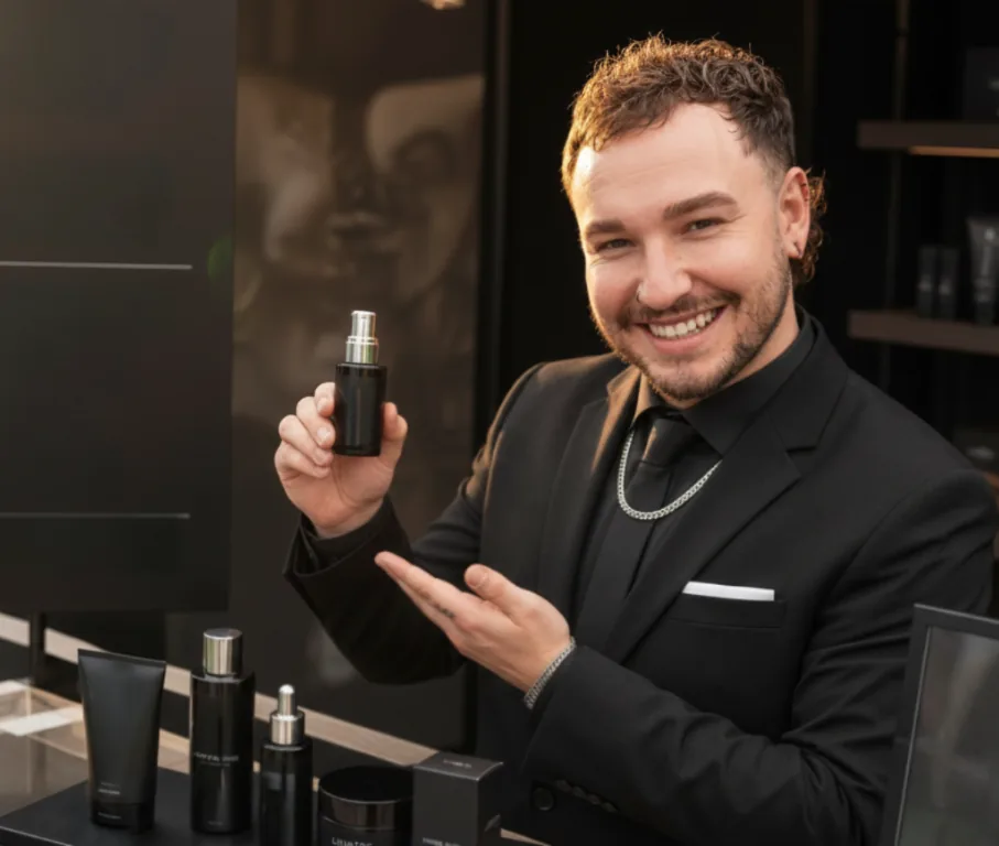 Lukas Wythe präsentiert ein Kosmetikprodukt